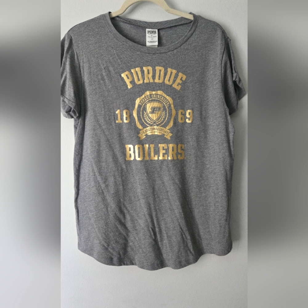Purdue~ Rare Find~ PINK Victoria's Secret Gray/Gold Relaxed Short Sleeve Tee